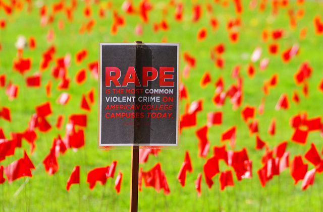 Image of sign saying "Rape is the most common violent crime on American college campuses today" with small red flags in the background.
